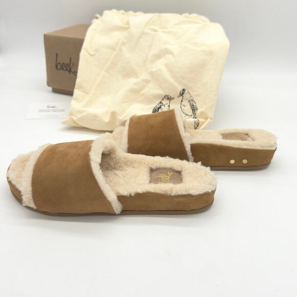 Beek Gallito Mas Sherling Cozy Suede Slide Sandals Almond Size 5 NIB